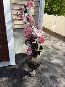 Vintage Greek Style Floor Vase w/ Floral Arrangement – Large Statement Piece