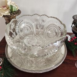 Beautiful Vintage Punch Bowl, Silver Tray & Ladle 