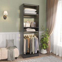 Freestanding Closet System, 25” Closet Organizer Wardrobe with Hanging Rod & Shelves, Adjustable Clothes Garment Rack, Sturdy Walk in Towers, Easy Ass