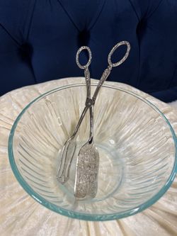 Ornate Filigree Silver Tone Scissor Sugar Tongs and bowl