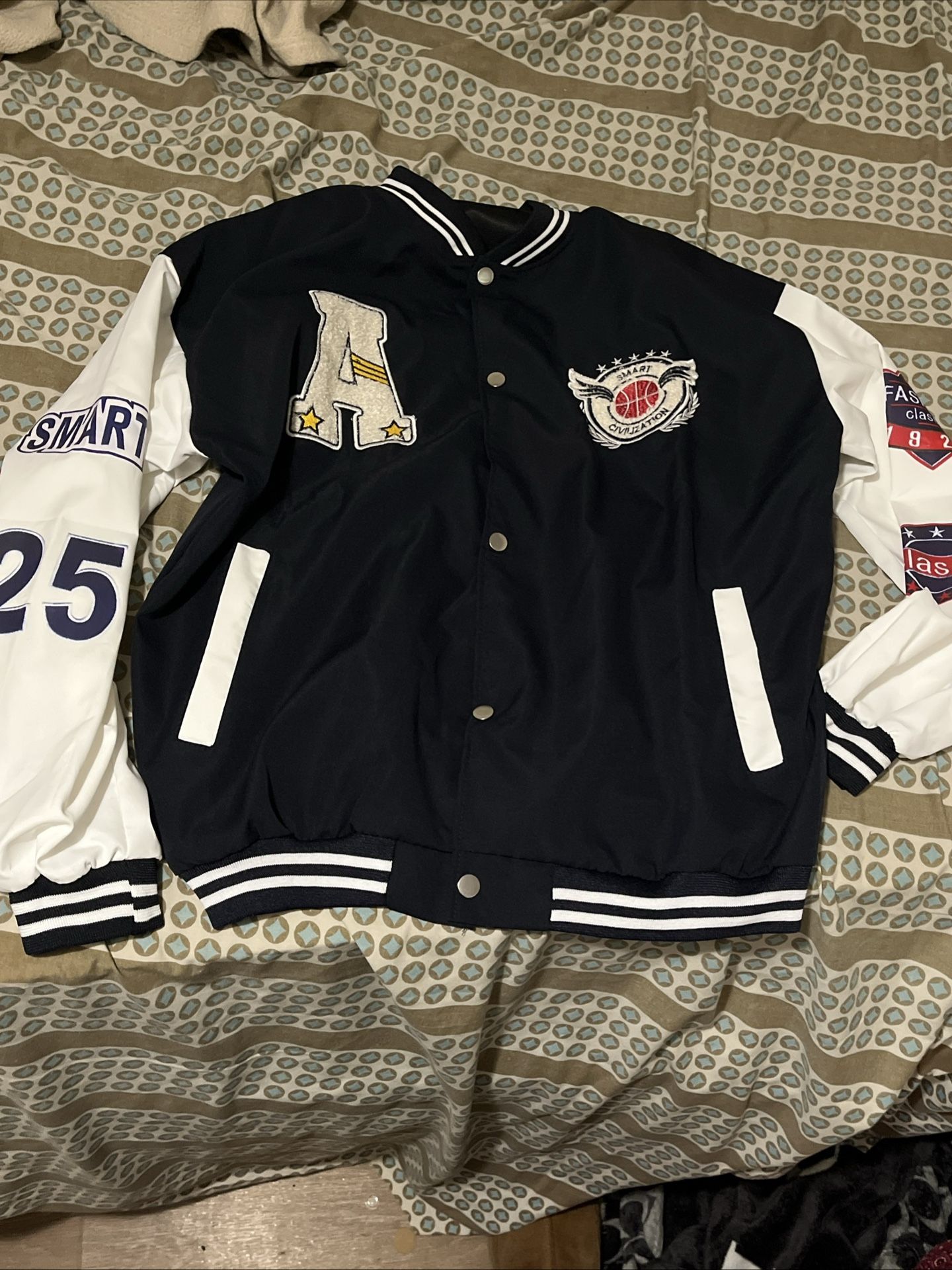 Navy and white varsity Bomber Jacket