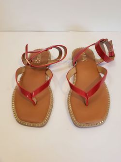 Rouge Helium Red Patent T-Strap Sandals with Gold Stud Trim Size 8.5