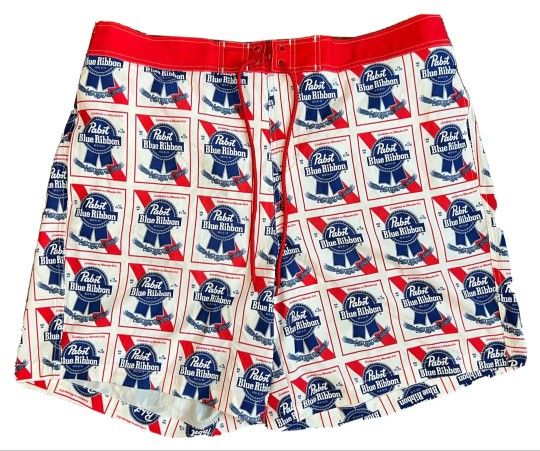 Pabst Blue Ribbon Beer Men's Size 2XL (44/46) Board Shorts Swim Trunks Red Blue