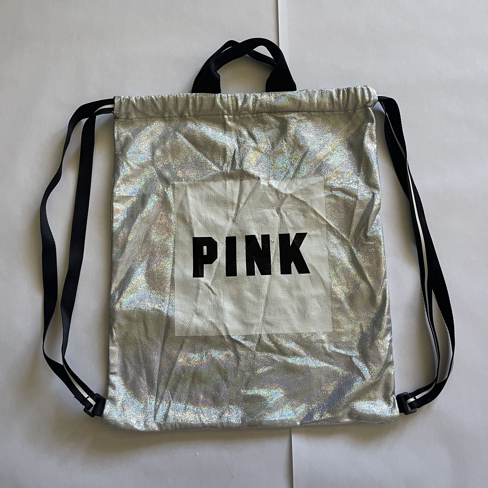 PINK VS Women’s Drawstring Backpack Tote Bag Iridescent Silver Holographic