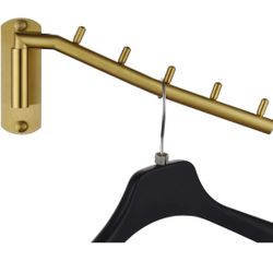 JQK Folding Clothes Hanger Rack, Stainless Steel Swing Arm Hook Holder, Clothing Hanging System Drying Closet Storage Organizer Brushed Gold Wall Moun