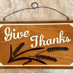 Farmhouse-style Wooden “Give Thanks” Sign, Black Metal Wheat & Hanging Wire