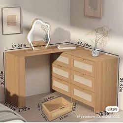 Makeup Vanity Desk Expandable L-Shaped Corner Vanity Table with 6  Drawers, Adjustable Vanity Desk for Bedroom & Home (Natural)