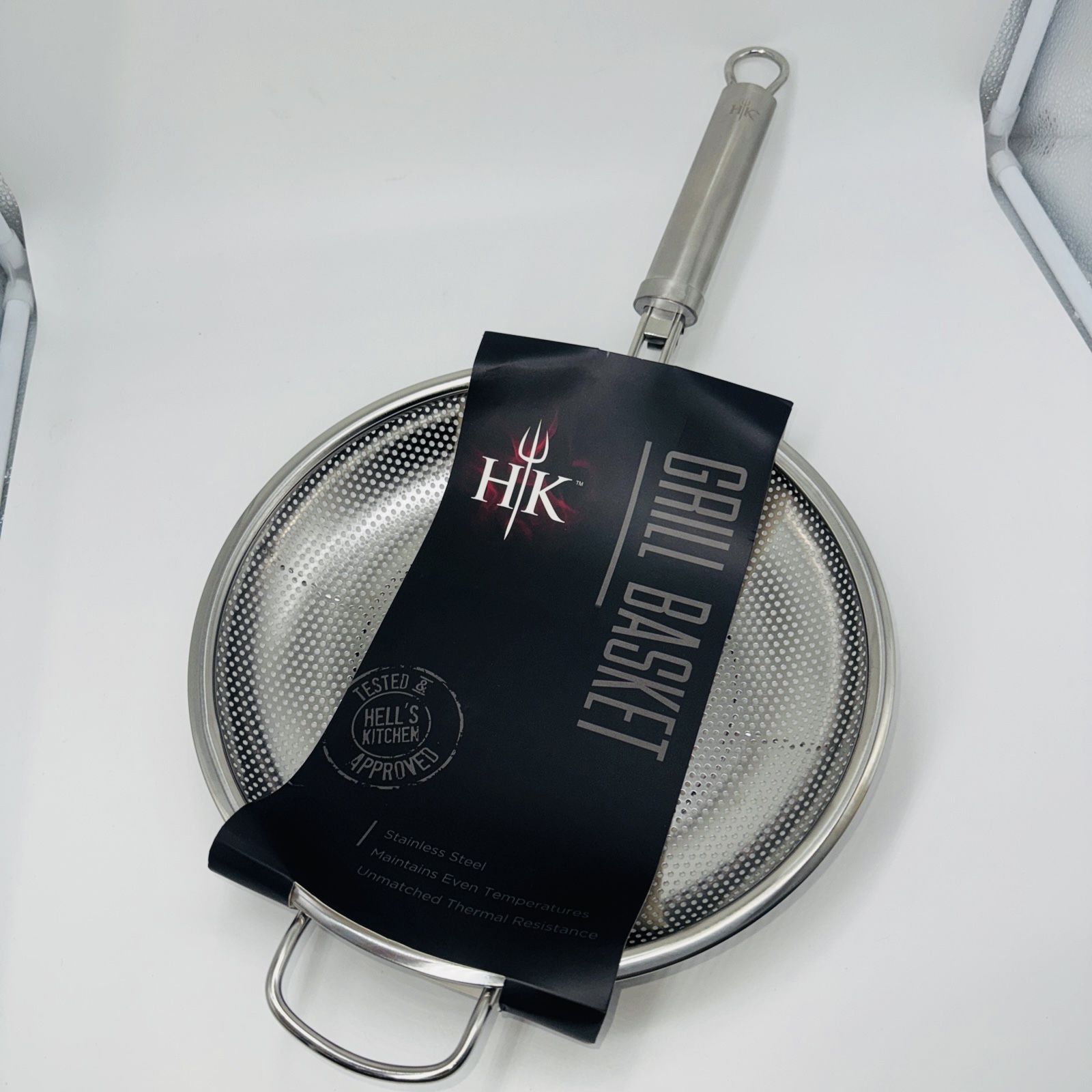 NEW Hell's Kitchen Stainless Steel 12" Grill Basket Pan Chef Gordon Ramsey BBQ Brand new. Never removed from package. Basket is 12". Total length is
