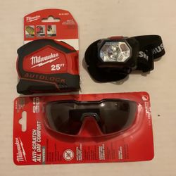 Brand New Set of Milwaukee Auto Lock Tape 25ft. Safety Tinted Milwaukee Glasses And Head Lamp Husky.     40 Firm on Price.    40 Firme en Precio.
