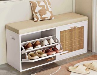 Modern White Storage Bench with Hidden Shoe Storage & Cushioned Seat