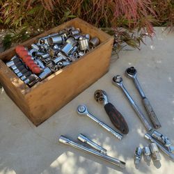 Vintage Cedar Box Full of Sockets,  Ratchets,  Extensions,  Adapters 