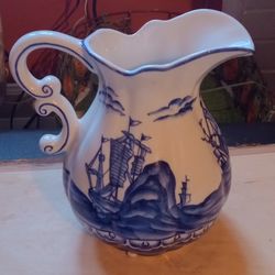 Vintage "Andrea" By Sadek Blue And White Ship/ Sailboat Pitcher 