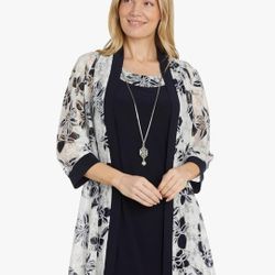 R&M Richards Women's Elegant Feather Print Knee-Length Jacket Dress W/Attached Necklace | Evening Cocktail Party