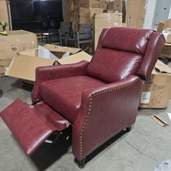  Genuine Leather Nailhead Trim Recliner Arm Chair with Cushioned Back and Wooden Legs 