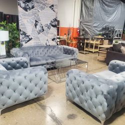 Beautiful 3 Pc Modern Gray Velvet Sofa Set (New)