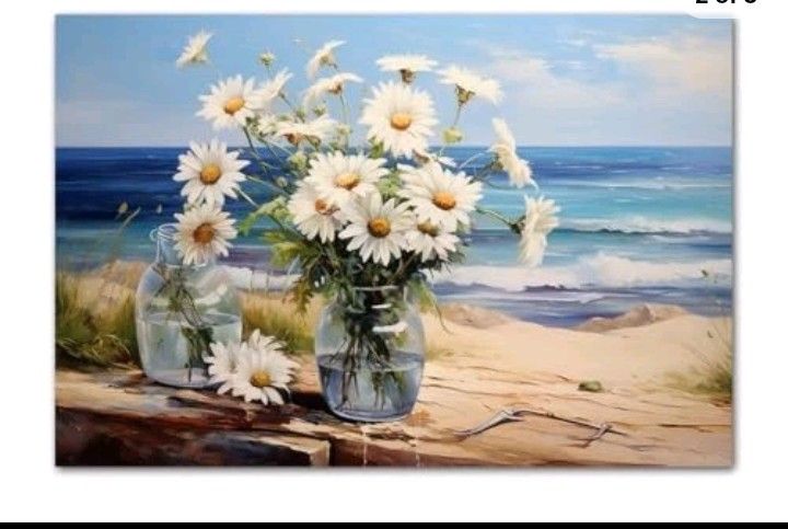 2(contact info removed) Floral Canvas Wall Art White Daisy in Vase Near Beach 23.6L" x 15.8W" daisy