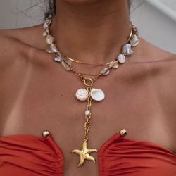 N206 -Starfish Shell, Freshwater Pearl 18K Gold Necklace!