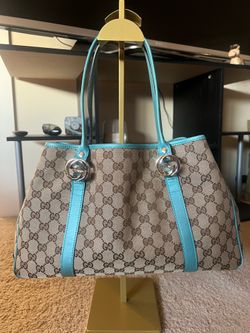 Gucci Canvas shoulder bag with turquoise leather trim