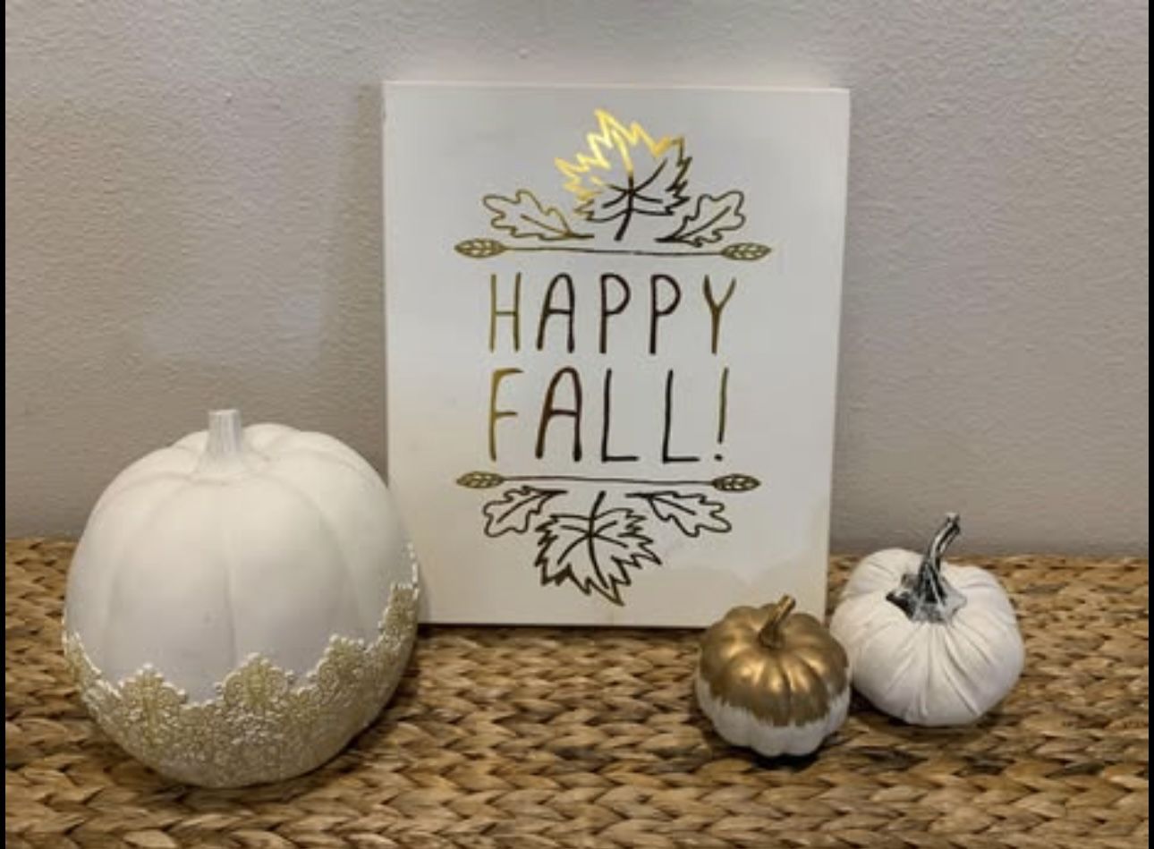 white & Gold Happy Fall Home Decor - pumpkins - upscale Decorations holiday - Simi Valley