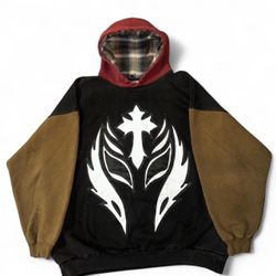 odyss3y 1 of 1 “R3Y MYST3RIO” vintage heavyweight flannel lined 3 tone panel hoodie with front and back print