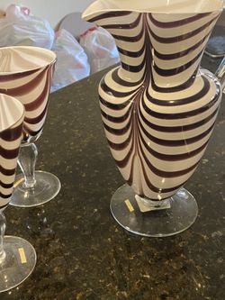 Footed Pitcher And Two Goblets Hand Blown