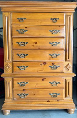 Pine Wood Seven Drawer Dresser, Solid and Sturdy, 59”H x 44”W x 19”D Frame, Bronze handles, top drawer swing face feature, very clean, new was $850