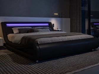 Modern Curved Platform Bed Frame with LED Lights – Queen, Black Faux Leather