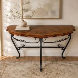 Vintage Wrought Iron Demi-Lune Console Table with Sunburst Wood Veneer Top