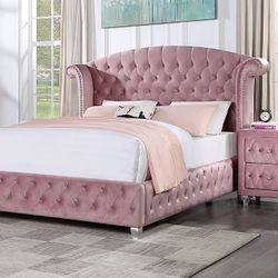 Pink Bed With Faux Crystal Tufting Silver Legs Nailhead Trim Brand New In Box Firm Price Twin $480 Full $520 Queen $560