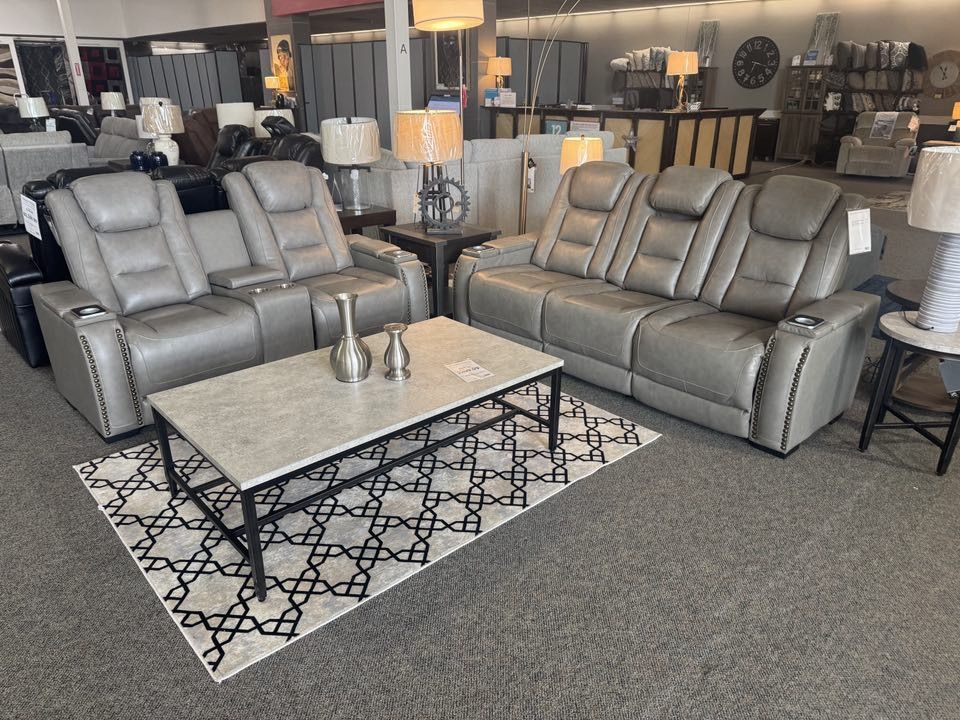 Genuine Leather Gray Power Reclining Sofa And Loveseat