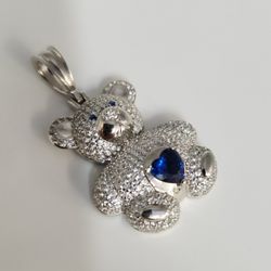925 Sterling Silver Teddy Bear Pendant With Blue Heart Stone And CZ Accents 