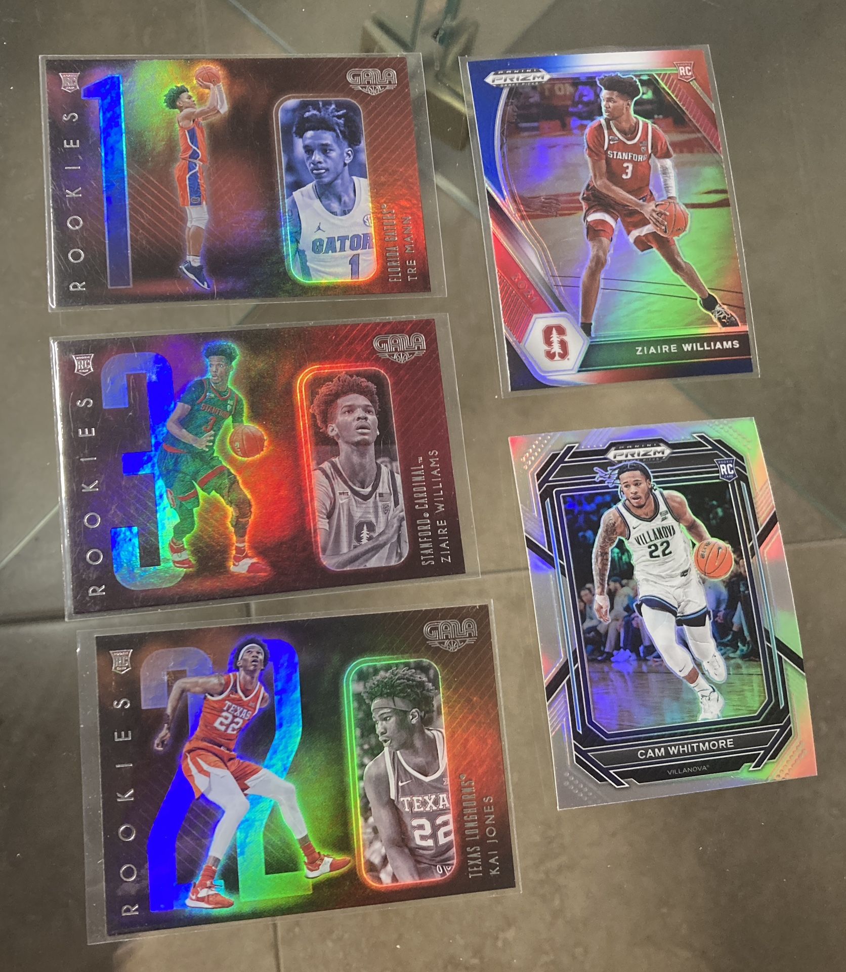 5 card NBA NCAA basketball Cam Whitmore Zaire Williams Kai Jones Tre Mann Gala rookies Prizm red white blue holo silver lot Optic Donruss Chronicles