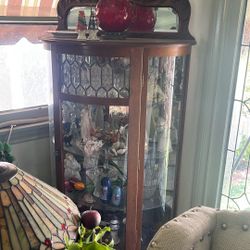 Curved Glass Oak China Cabinet Leaded Glass Accents 