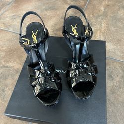 Saint Laurent Tribute 75mm Platform Sandal Black Patent Size 7