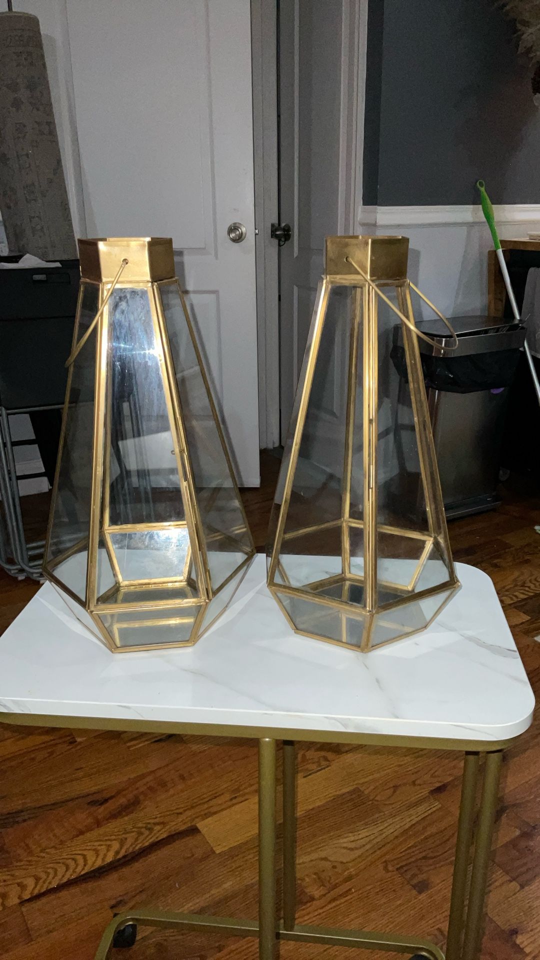 Indoor Outdoor Decorative Metal Faceted Hurricane Candle Lanterns w/ Clear Glass - Brass