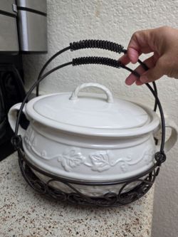 White Ceramic Casserole Dish with Metal Carrier