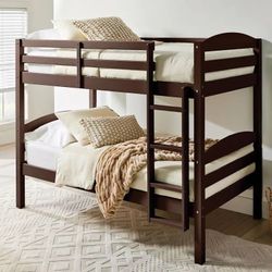 Solid Wood Twin-over-Twin Convertible Bunk Bed, Mocha 