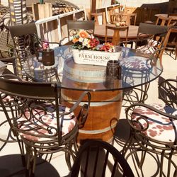 Incredible Whiskey Barrel Table With 6 X Wrought Iron Cow Hide Chairs 
