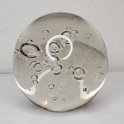 Paperweight Round Shape Clear Hand Blown Glass With Bubbles Murano Style Beauty