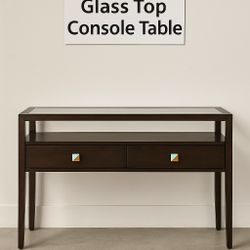 54” Mid-Century Modern Console Table with Glass Top & Dual Drawers – Espresso Wood Finish