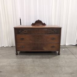 Vintage Wood Three-Drawer Dresser with Carved Mirror