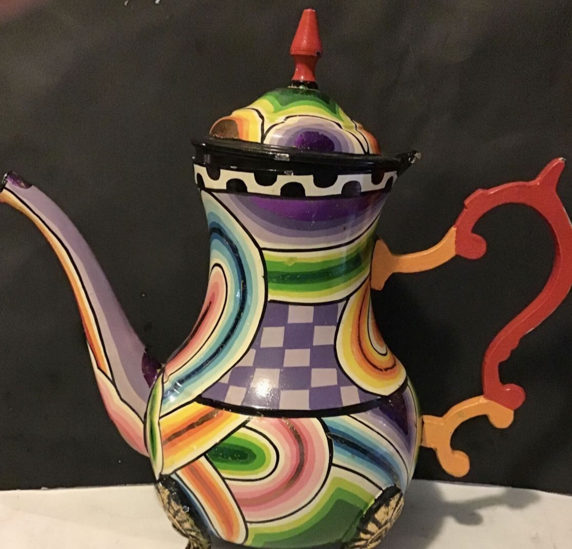 Metal Tea Pot Display Funky Shabby Chic Hand Painted 12"