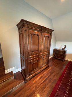 Wooden Armoire And Credenza With Mirror