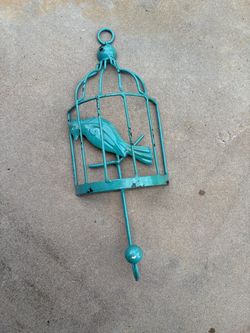 Turquoise Metal Birdcage Wall Hook – Distressed Shabby Chic Accent
