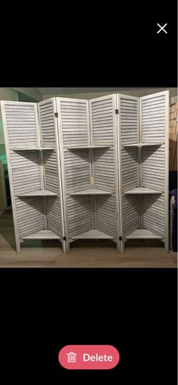 67” Tall  6 Panel  Room Divider with 3 Display Shelves - Distressed White - NEW