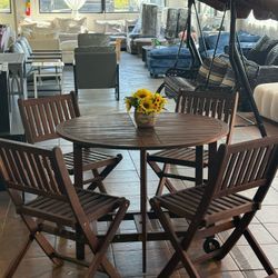 🔥Set of 5🔥Patio Dining Set Outdoor Acacia Wood Furniture All-Weather Folding Round Table and Chairs for Backyard, Balcony, Porch, Deck, Garden(Dark 