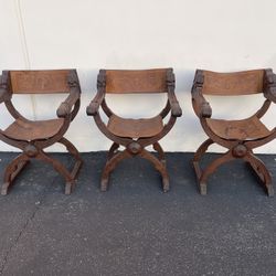 Set of 3 Antique Italian Renaissance Revival Carved Ornate Figural Chairs w/Leather Seats & Backrests