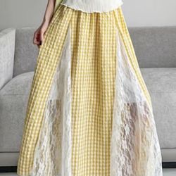 Women’s yellow plaid A-line maxi skirt with lace trim patchwork, high-waisted, lightweight and flattering for summer