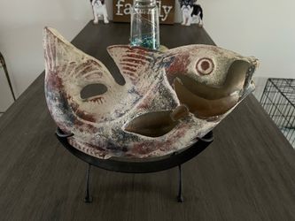 Ceramic Fish Sculpture Bowl on Metal Stand