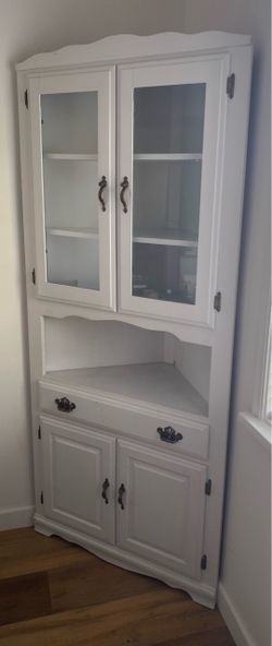 White corner hutch cabinet with glass doors – display and storage 79 inches
